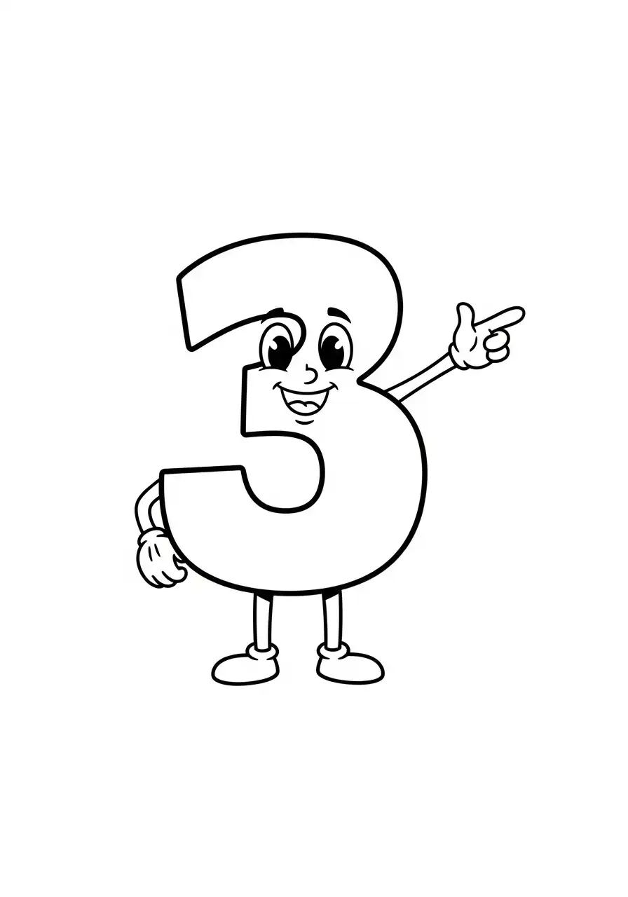 cijfer 3 cartoon wijzend vriendelijk kleurplaat