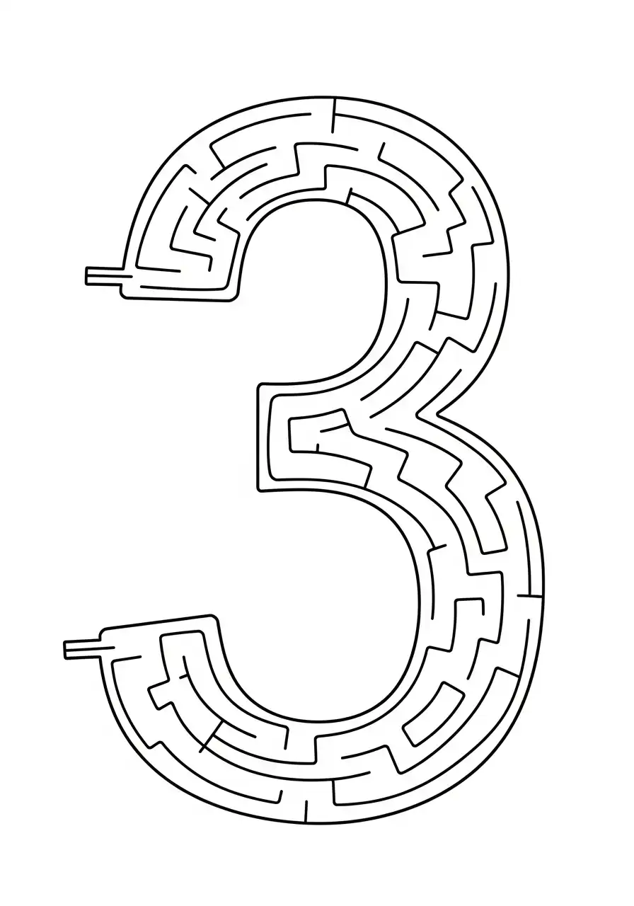 cijfer 3 doolhof labyrint spel kleurplaat