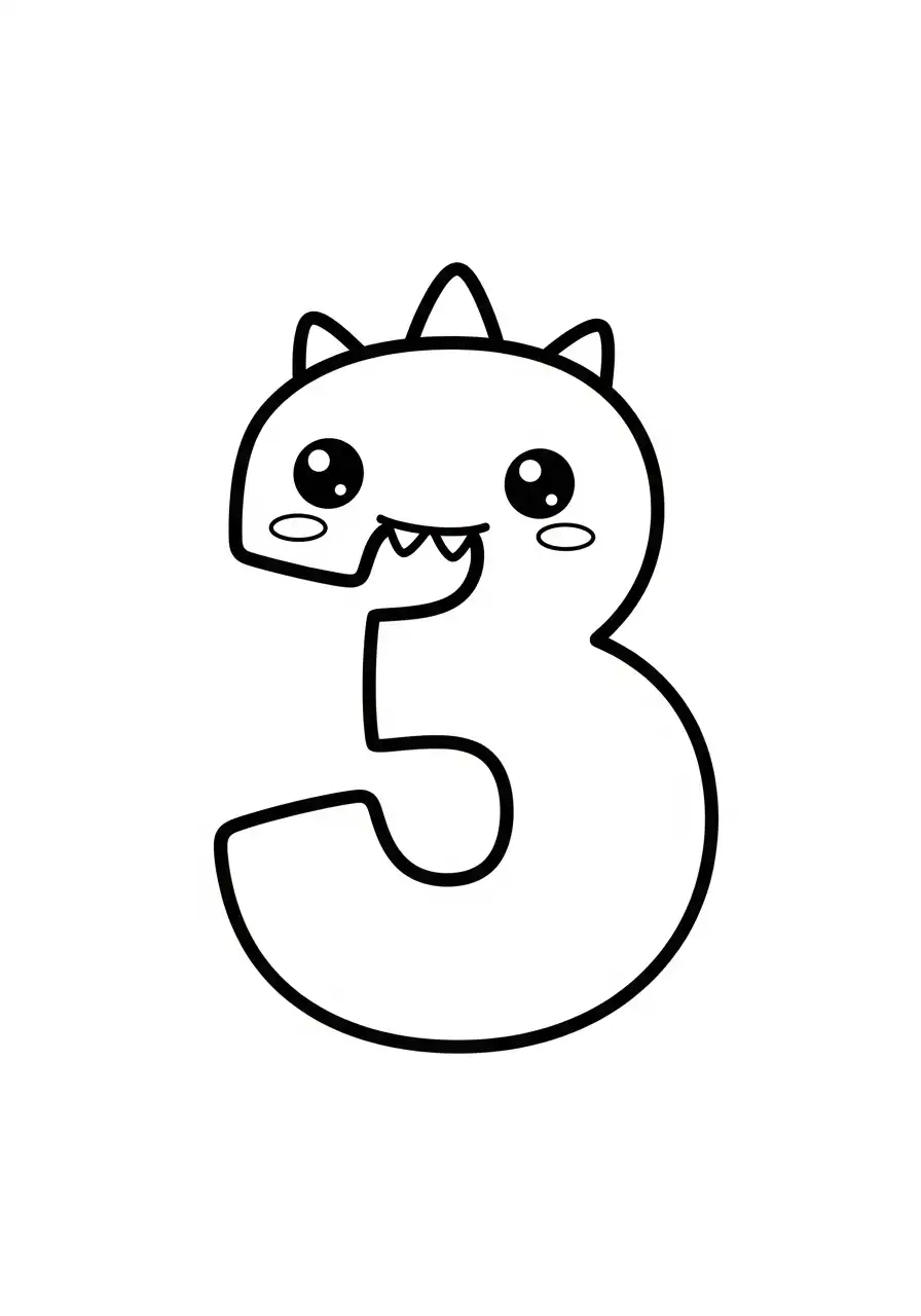 cijfer 3 kawaii dino lief kleurplaat