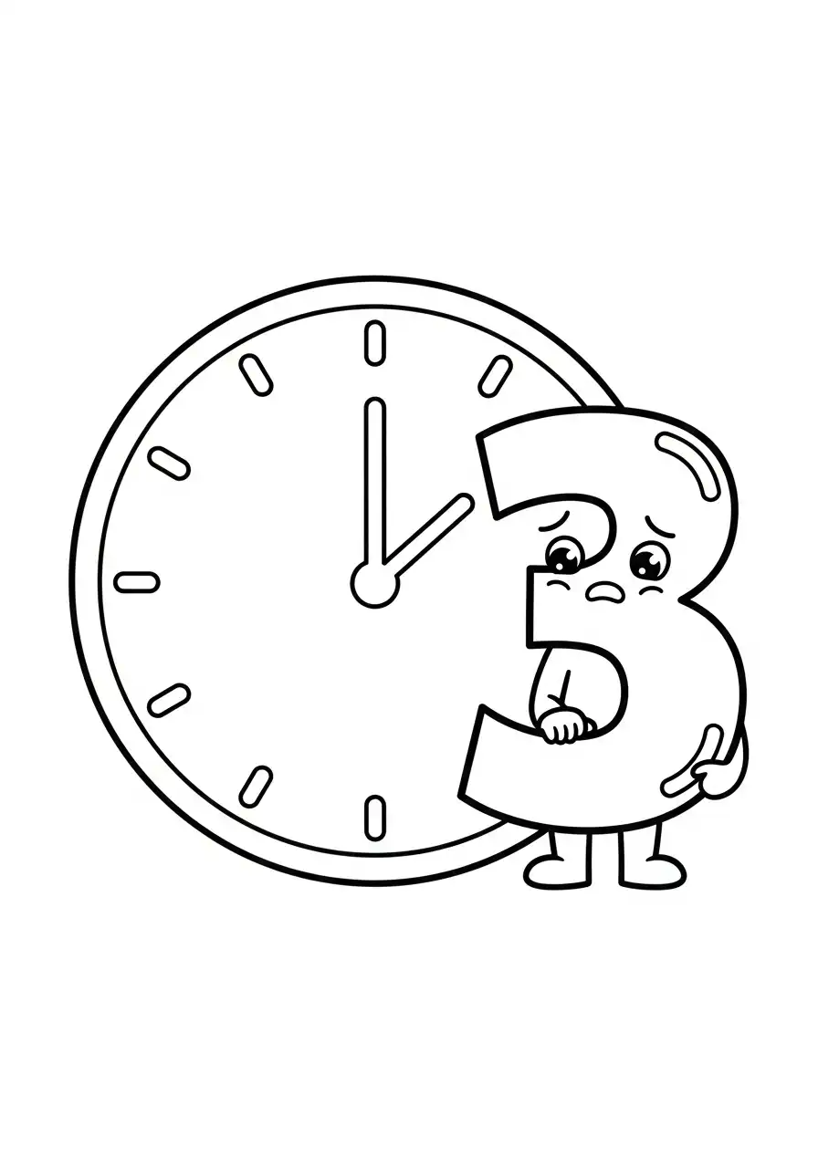 cijfer 3 klok verdrietig tijd kleurplaat