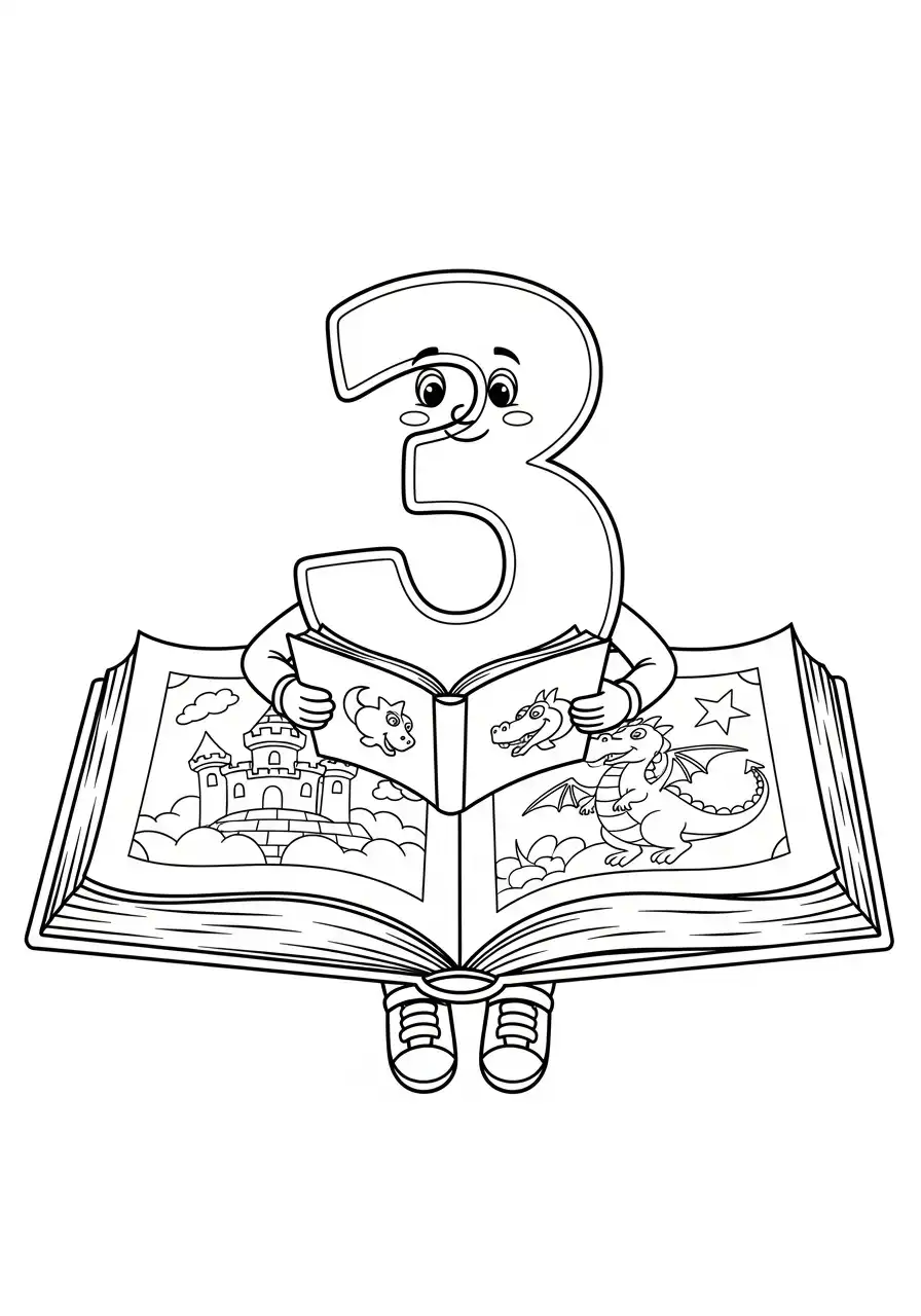 cijfer 3 leest boek sprookjes kleurplaat