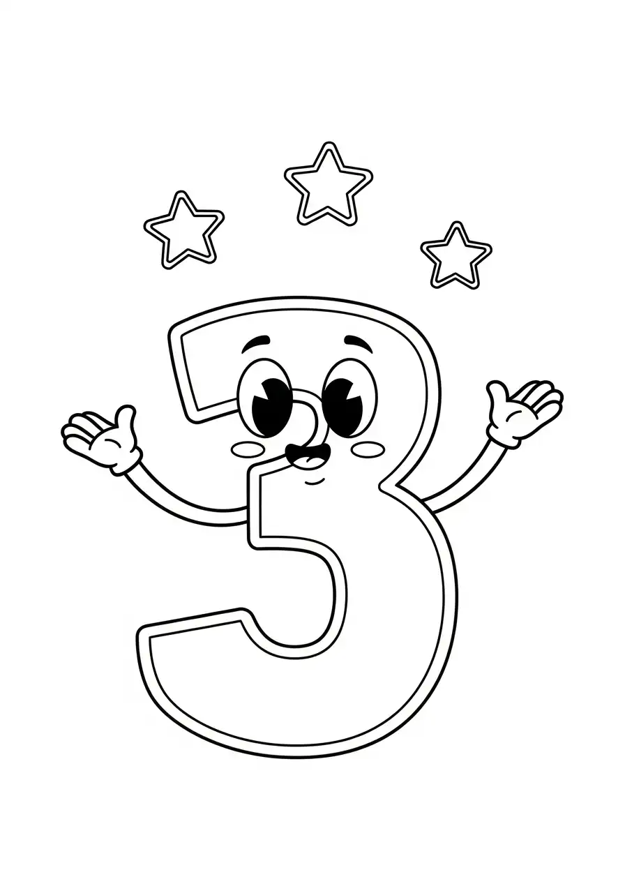 cijfer 3 met sterren kleurplaat