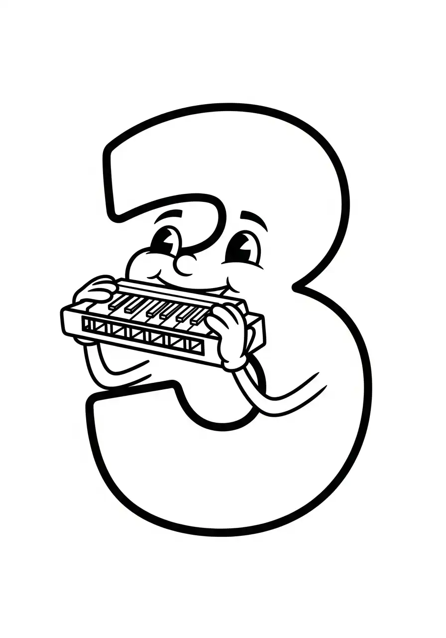cijfer 3 mondharmonica muziek kleurplaat