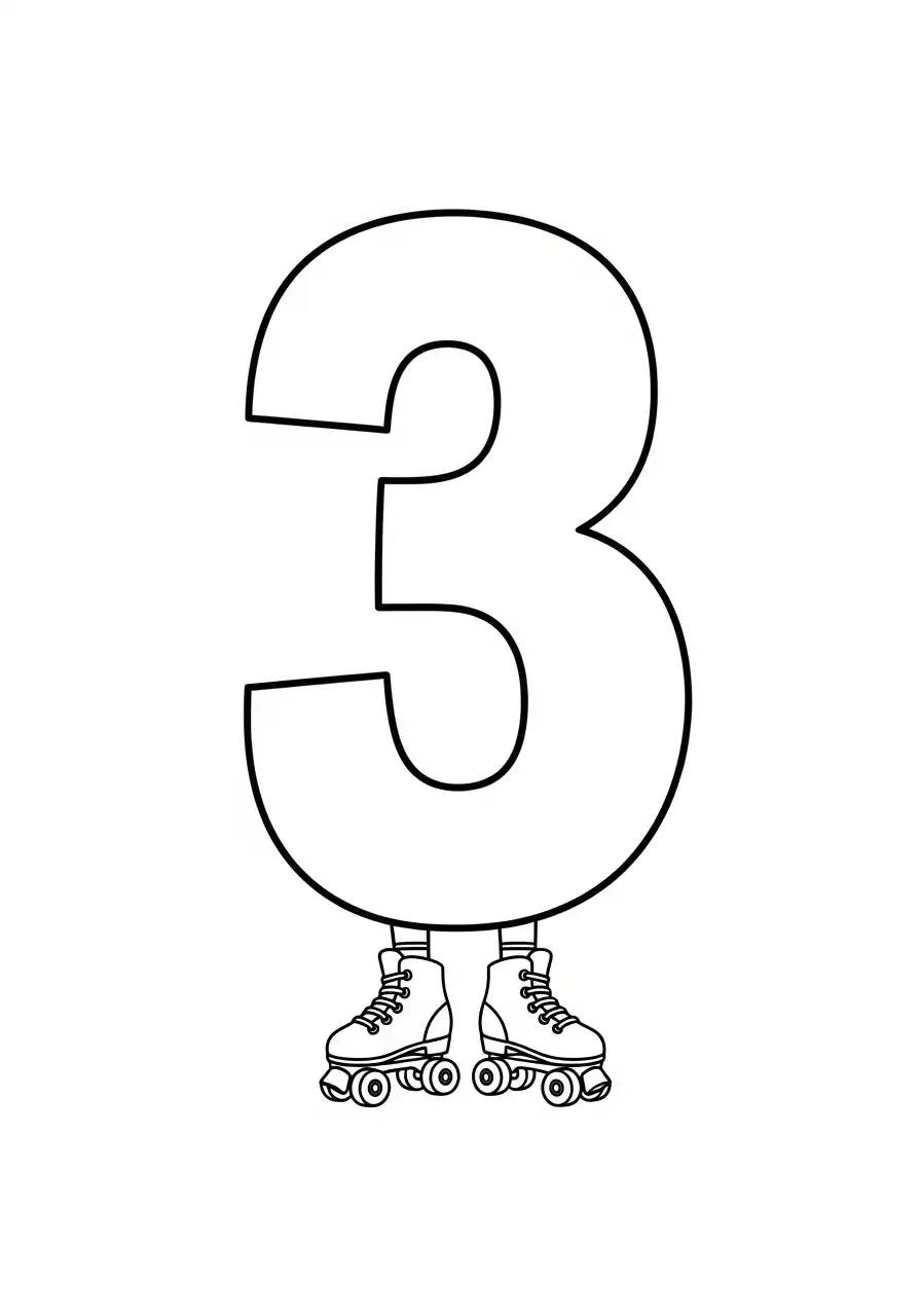 cijfer 3 op rolschaatsen sport kleurplaat