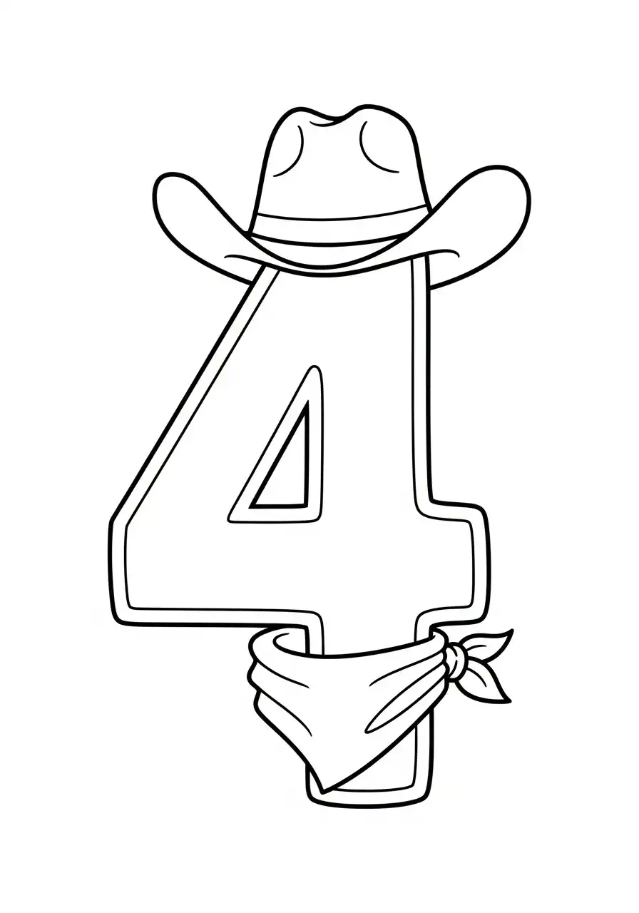 cijfer 4 als cowboy hoed kleurplaat