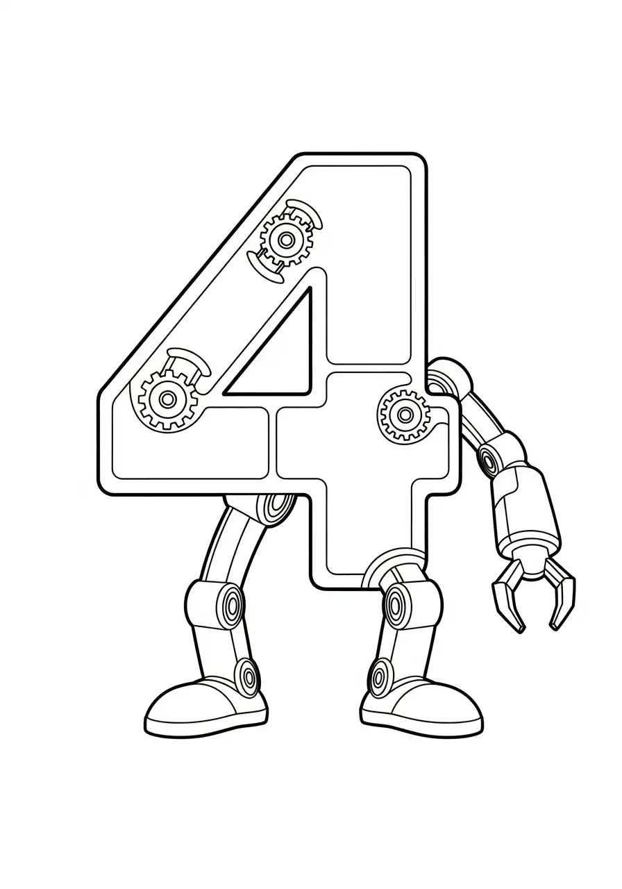 cijfer 4 als robot mechanisch kleurplaat