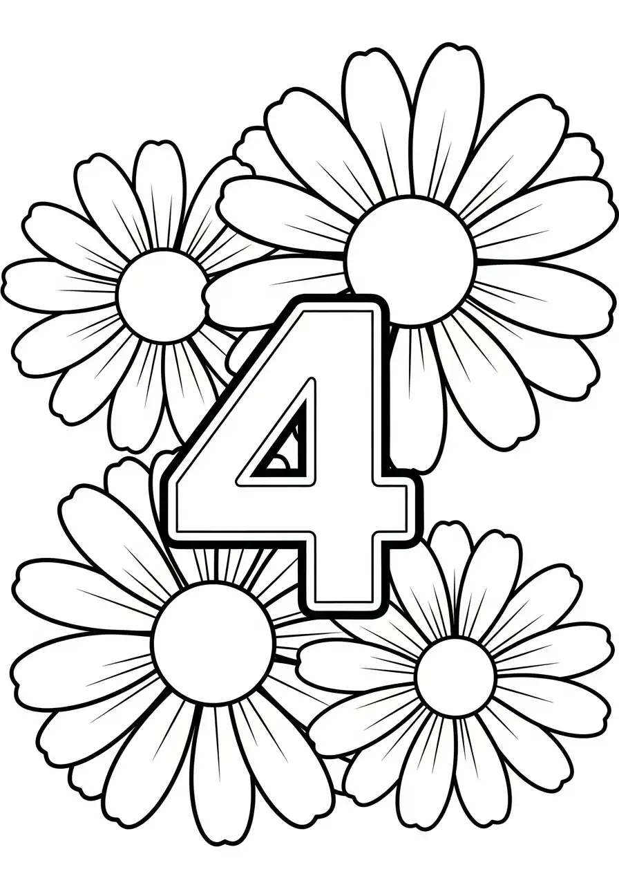 cijfer 4 bloemen kleurplaat