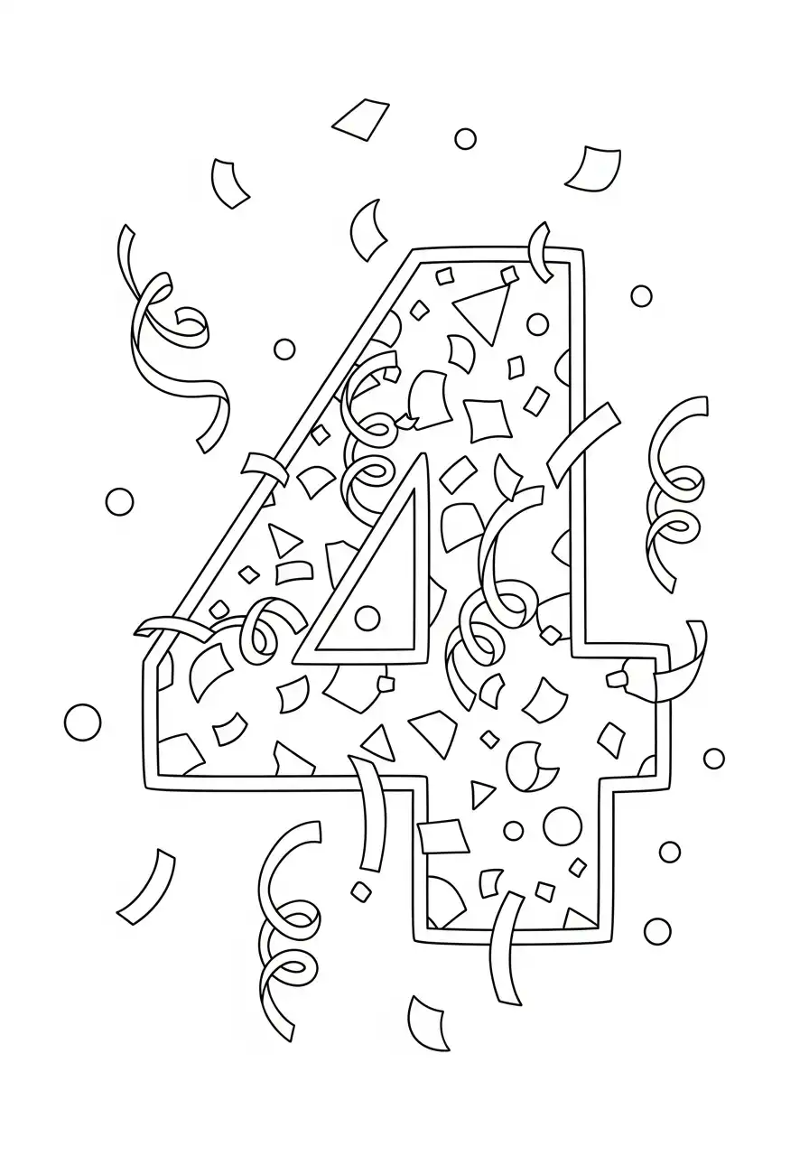 cijfer 4 feest confetti slingers kleurplaat