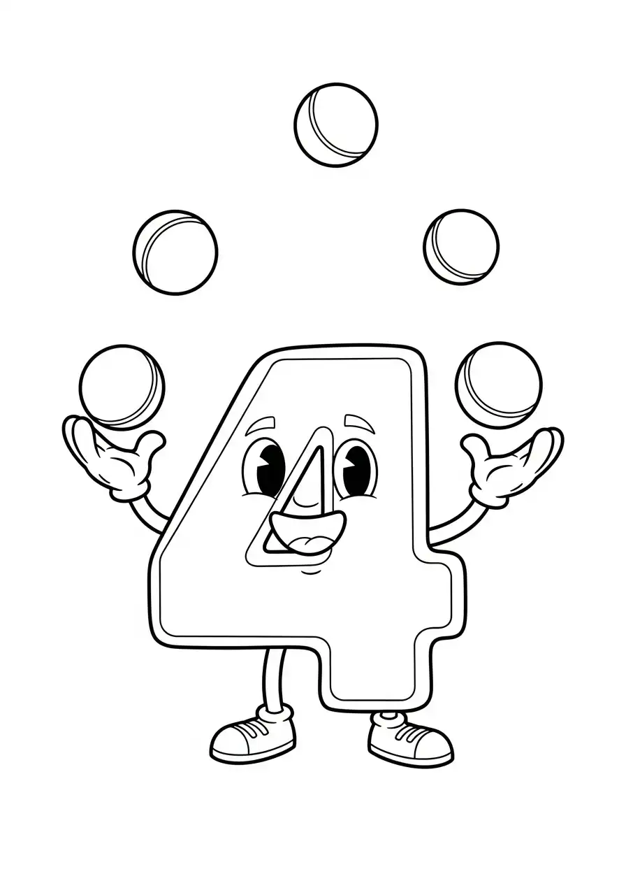cijfer 4 jongleren ballen kleurplaat