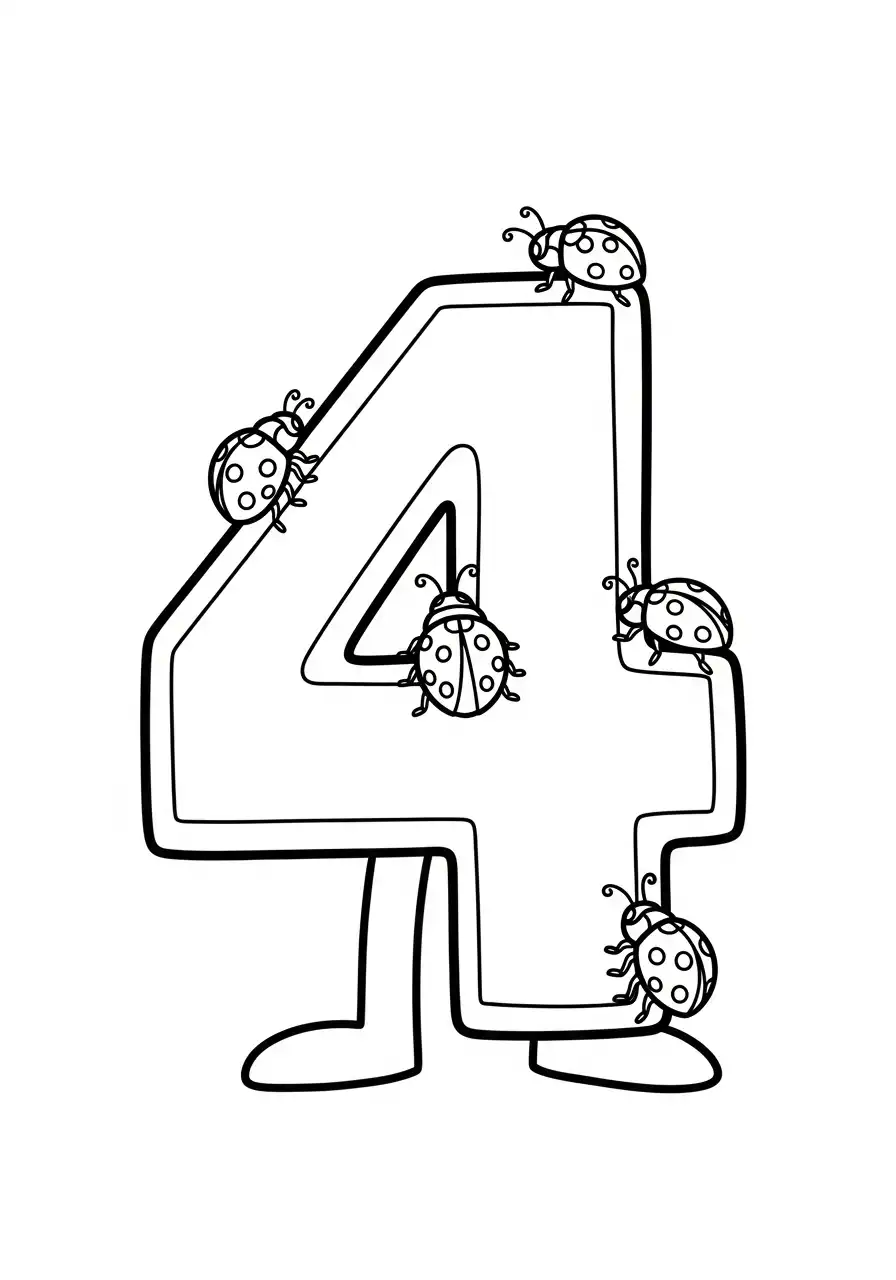 cijfer 4 met lieveheersbeestjes kleurplaat