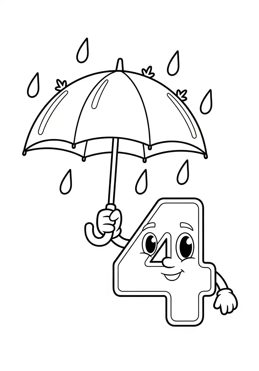 cijfer 4 met paraplu regen kleurplaat