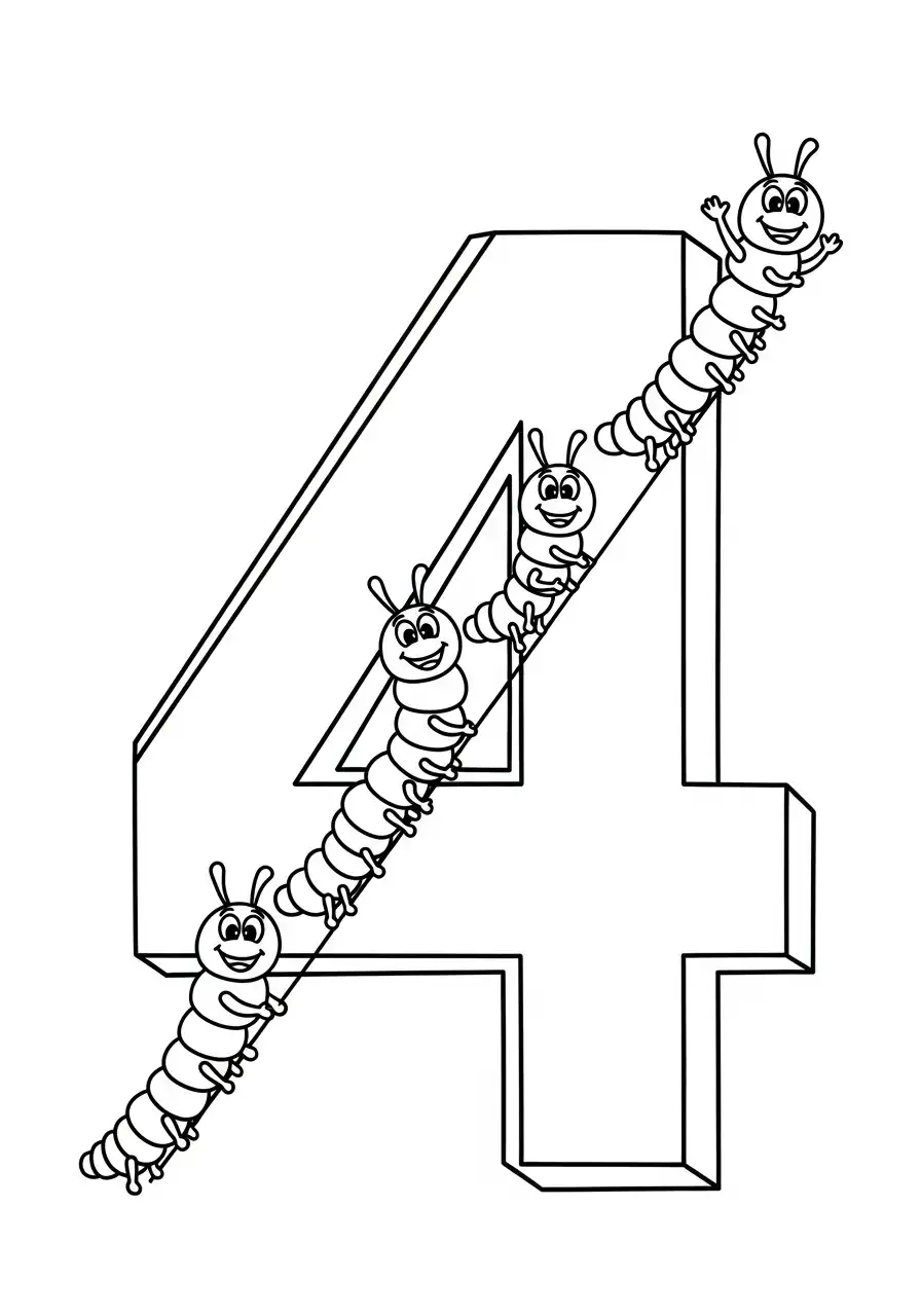 cijfer 4 met rupsen klimmen kleurplaat