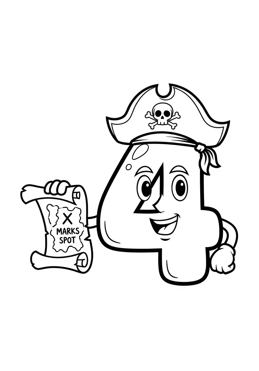 cijfer 4 piraat schatkaart kleurplaat