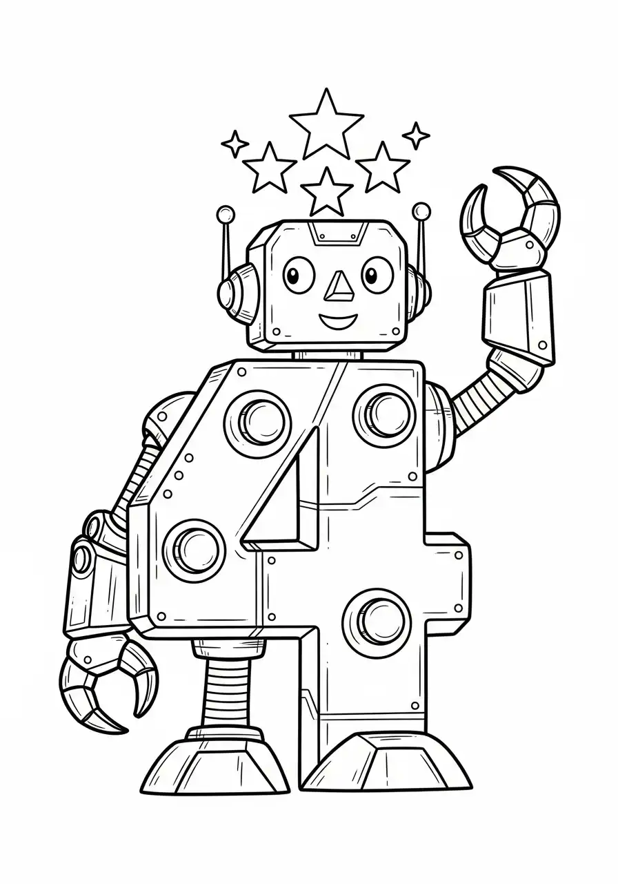 cijfer 4 robot futuristisch kleurplaat