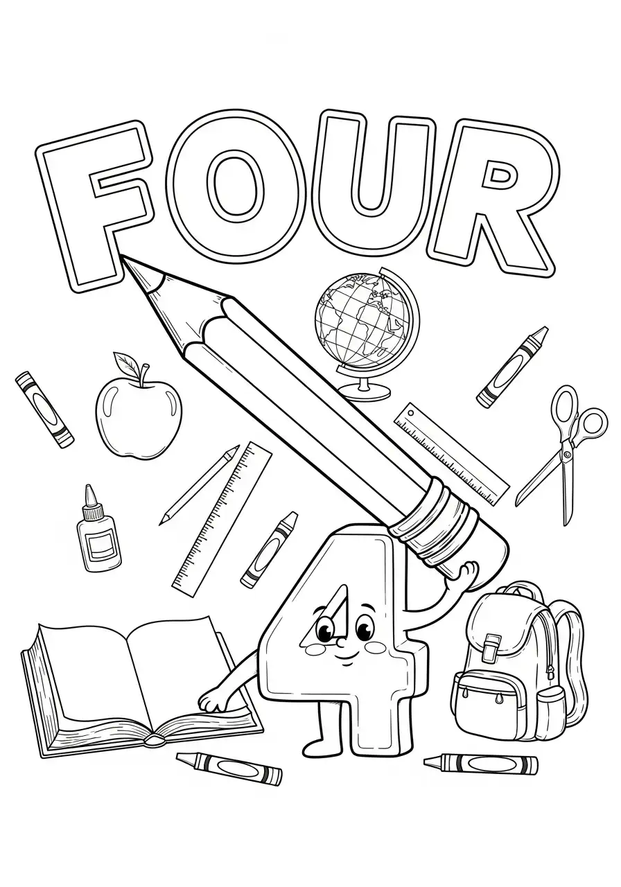 cijfer 4 schoolspullen kleurplaat