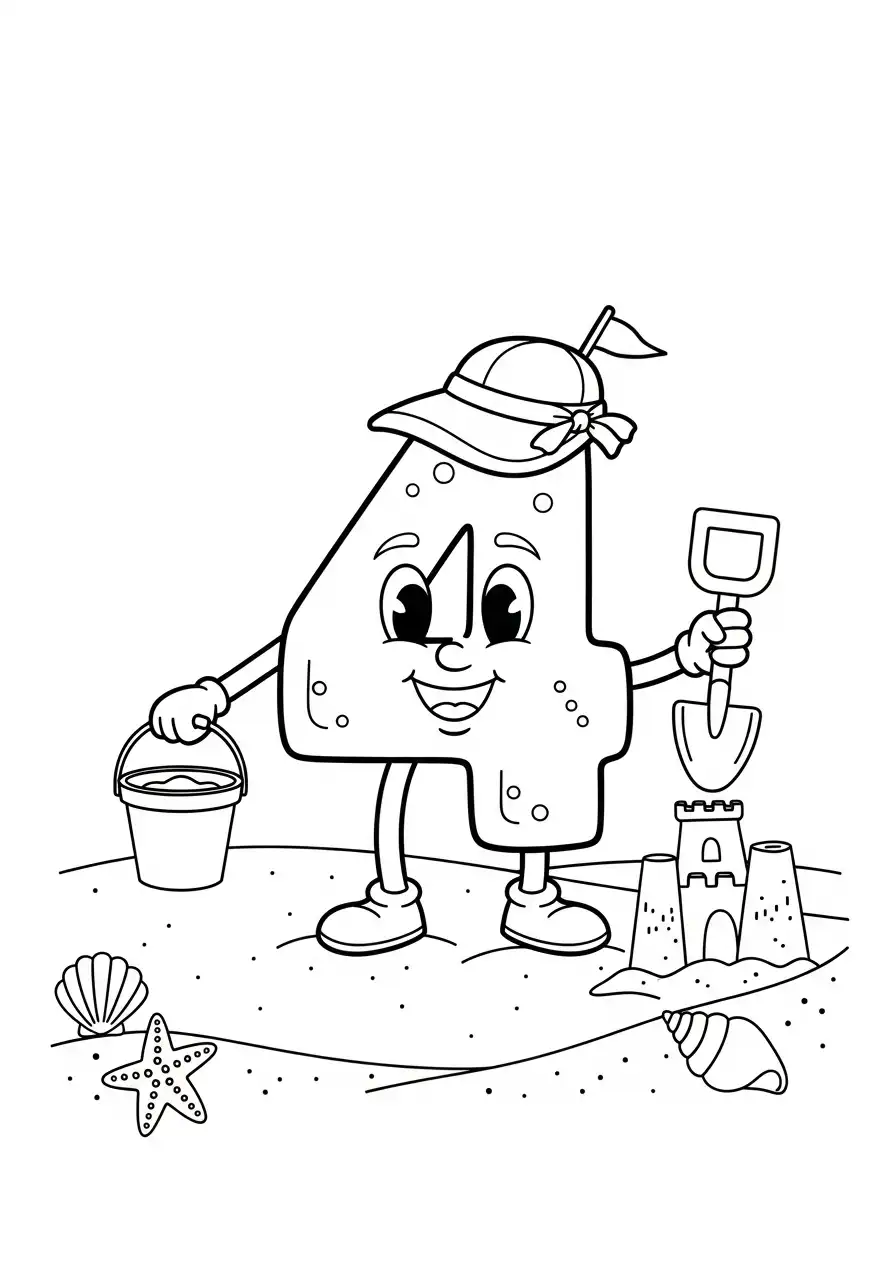 cijfer 4 strand zandkasteel kleurplaat