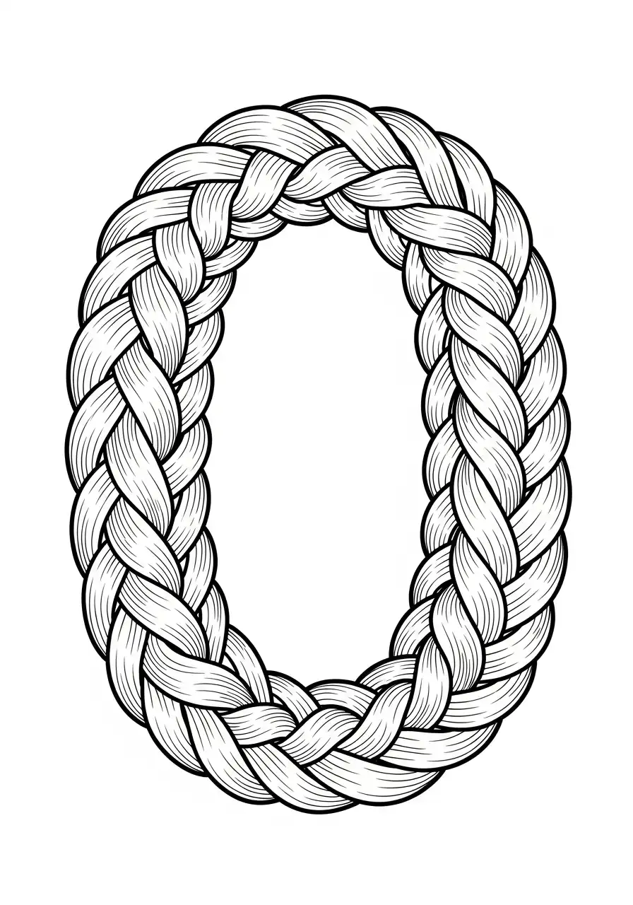 cijfer nul als gevlochten touw kleurplaat