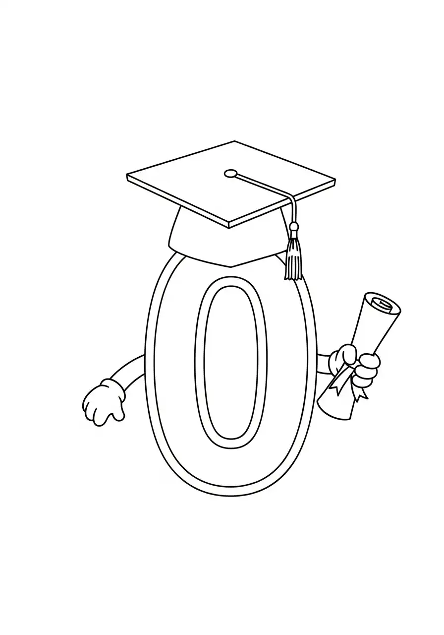 cijfer nul met afstudeerhoed kleurplaat