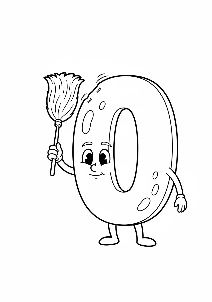 cijfer nul met bezem kleurplaat