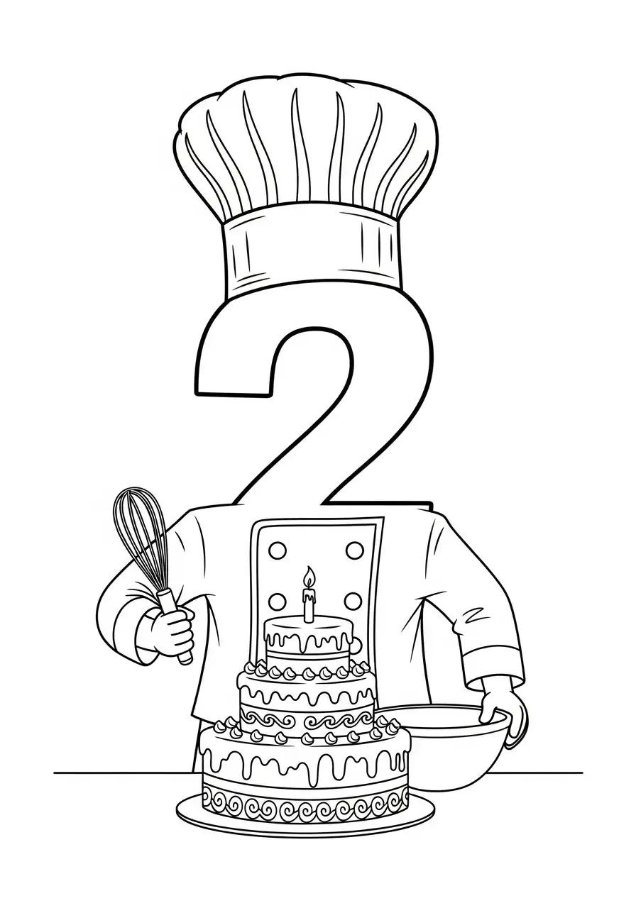cijfer twee als bakker met verjaardagstaarten kleurplaat