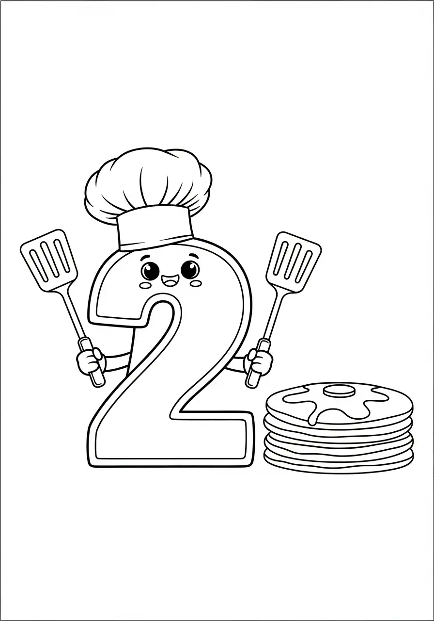 cijfer twee als kok met pannenkoeken kleurplaat