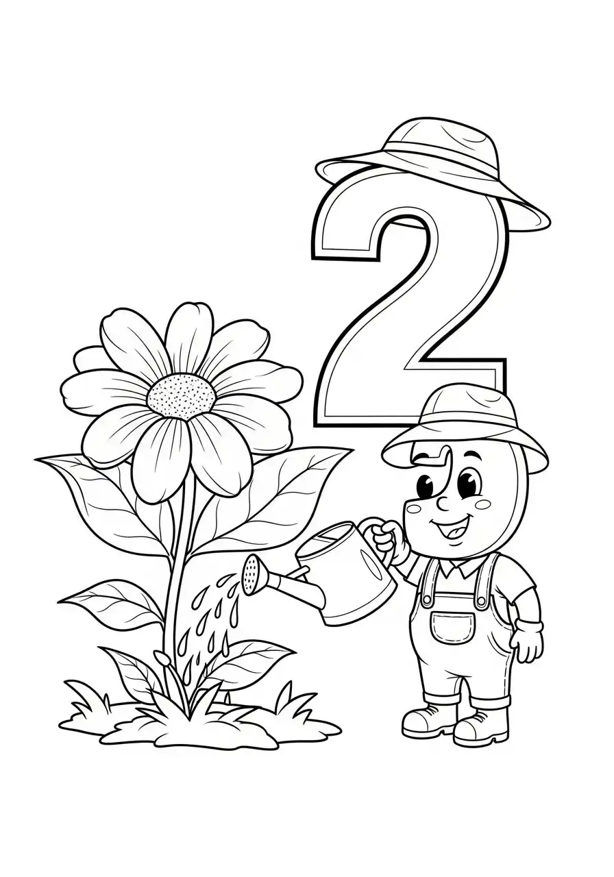 cijfer twee als tuinman met gieter kleurplaat