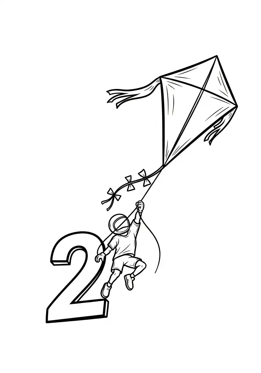 cijfer twee en kind met vlieger kleurplaat