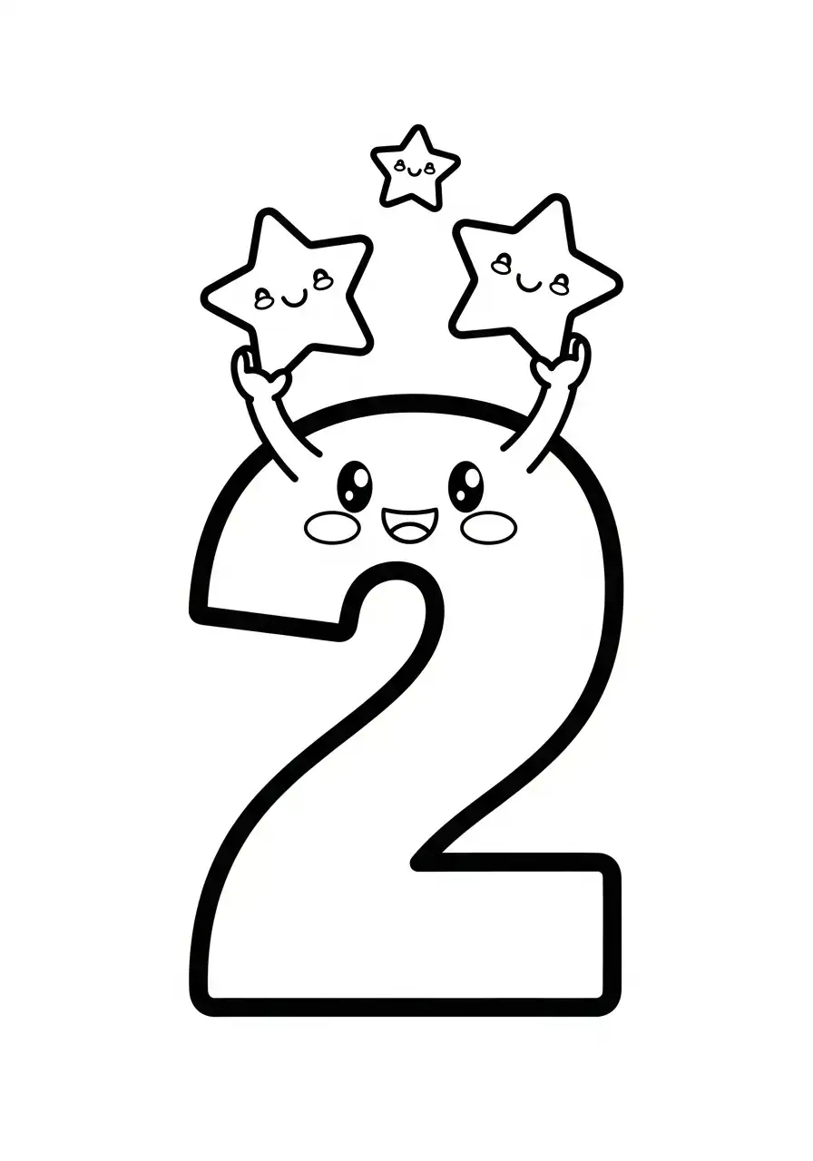 cijfer twee met drie vrolijke sterren kleurplaat