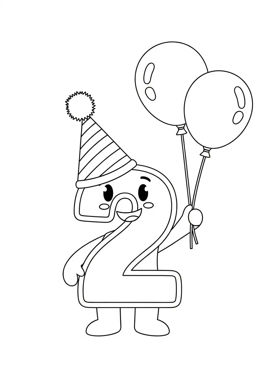 cijfer twee met feestmuts en ballonnen kleurplaat