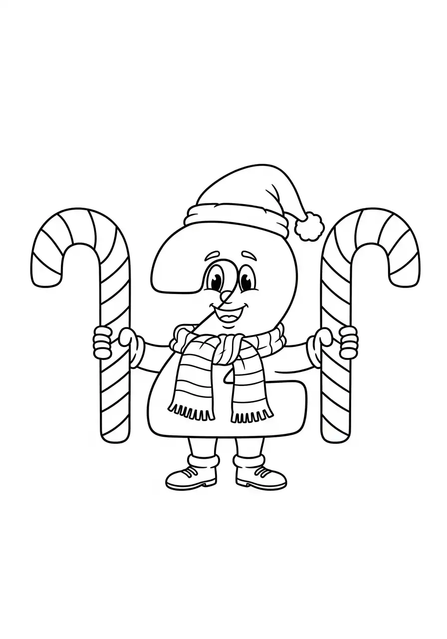 cijfer twee met kerstmuts en zuurstokken kleurplaat