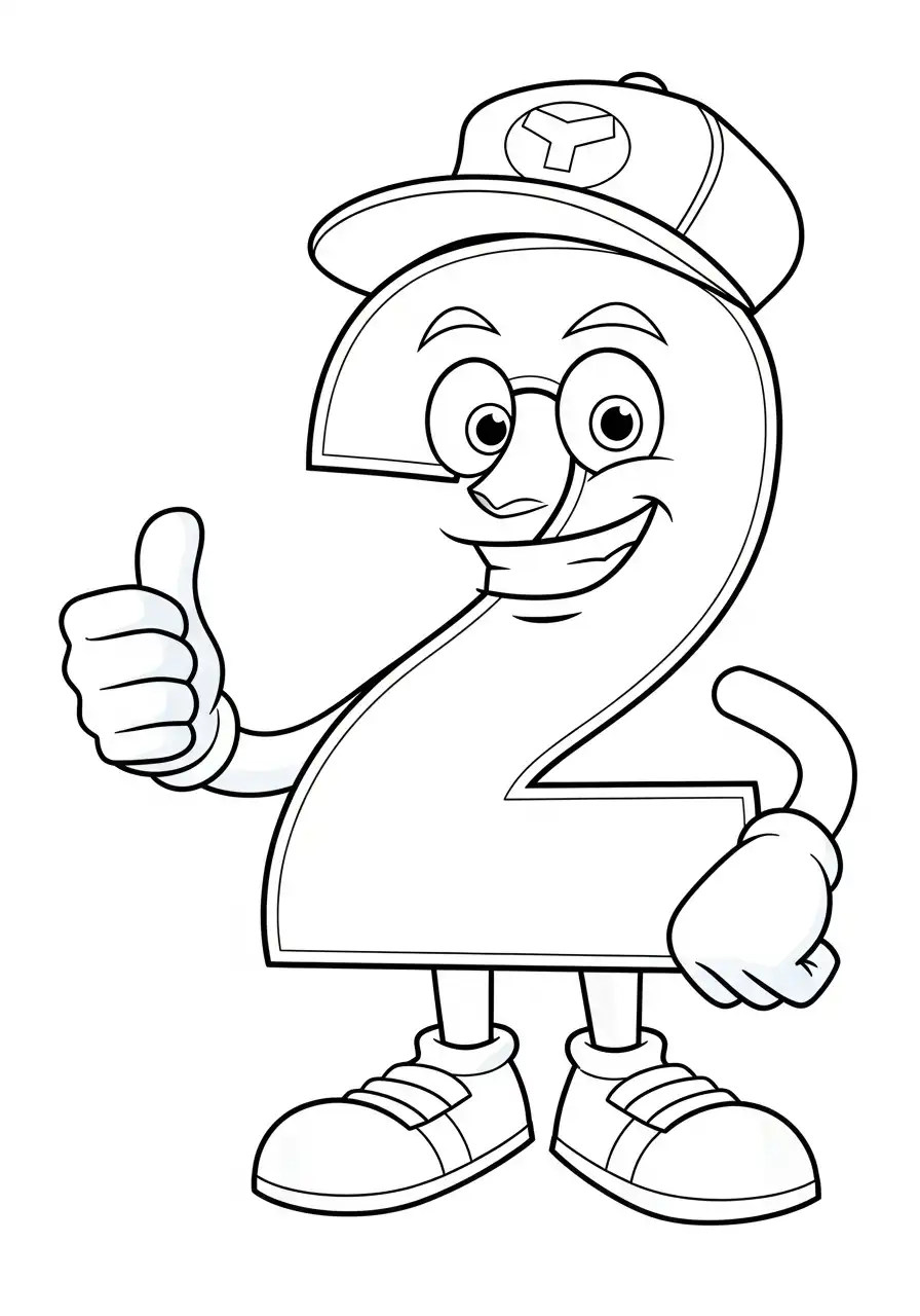 cijfer twee met pet en duim omhoog kleurplaat