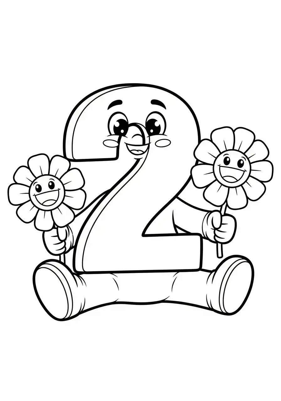 cijfer twee met twee bloemen kleurplaat