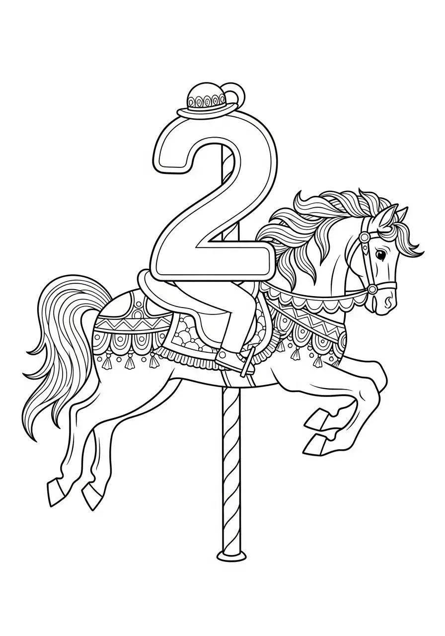 cijfer twee op carrouselpaard kleurplaat