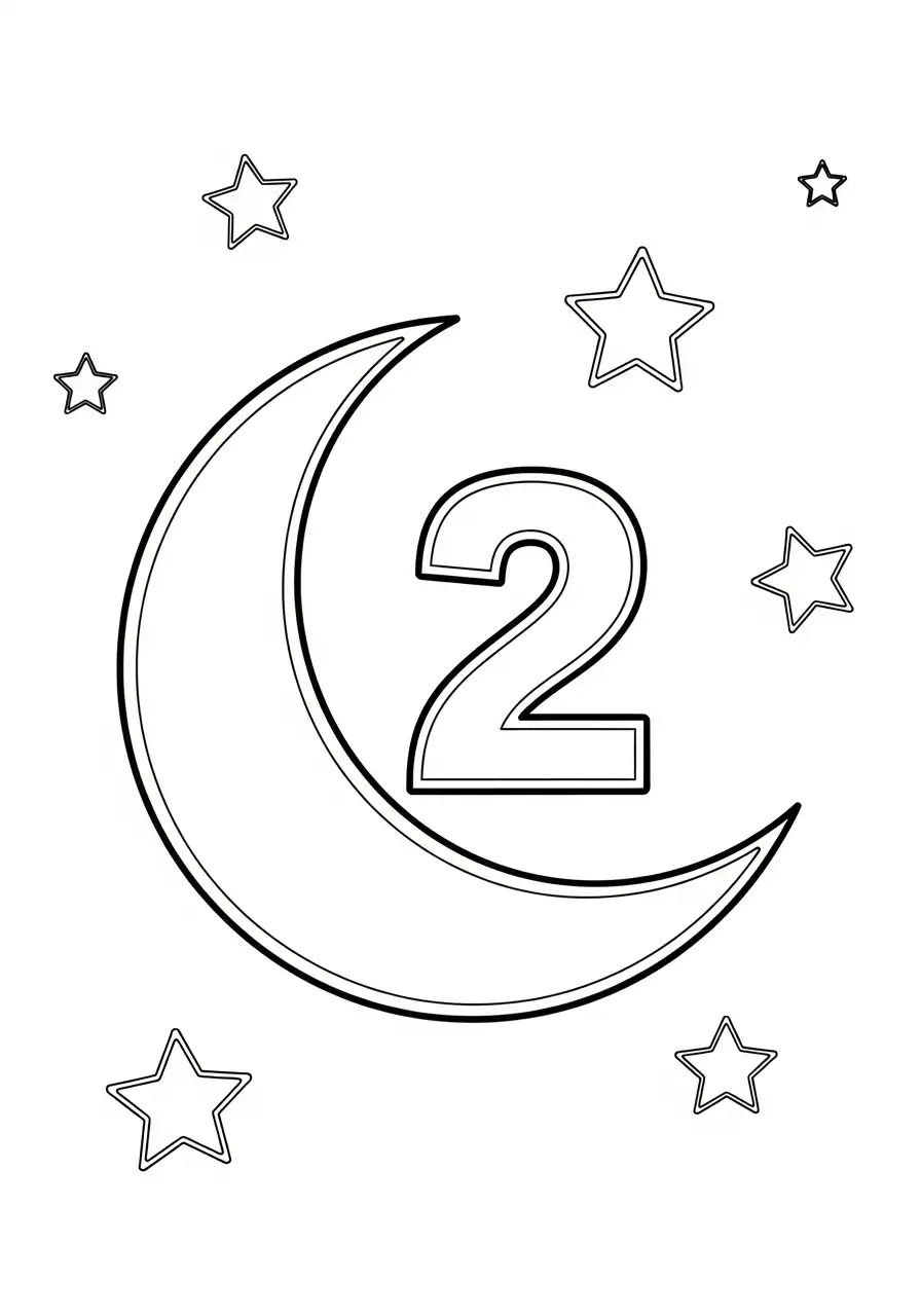 cijfer twee op de maan sterren kleurplaat