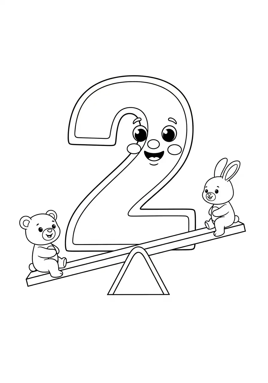 cijfer twee op de wip met dieren kleurplaat