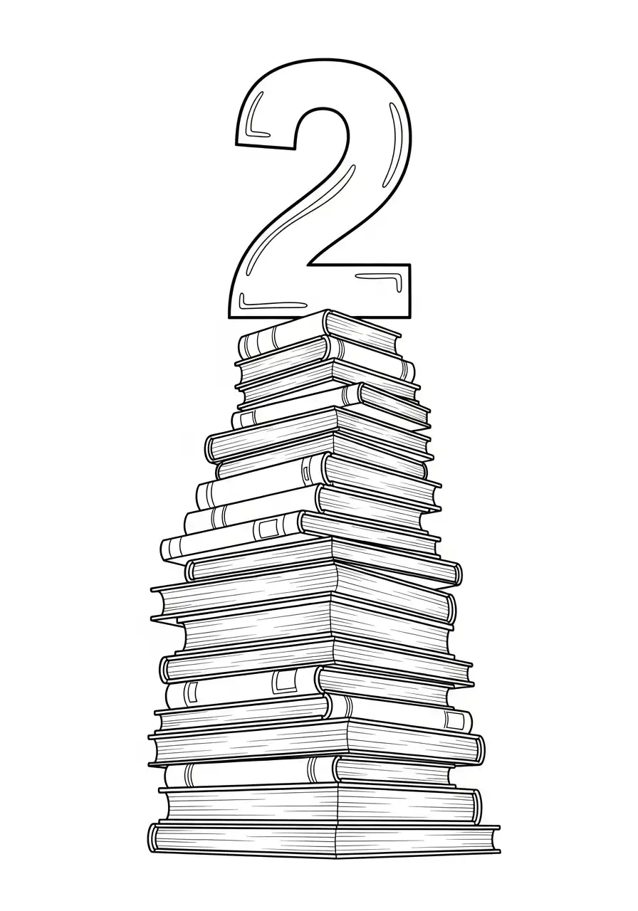 cijfer twee op stapel boeken kleurplaat