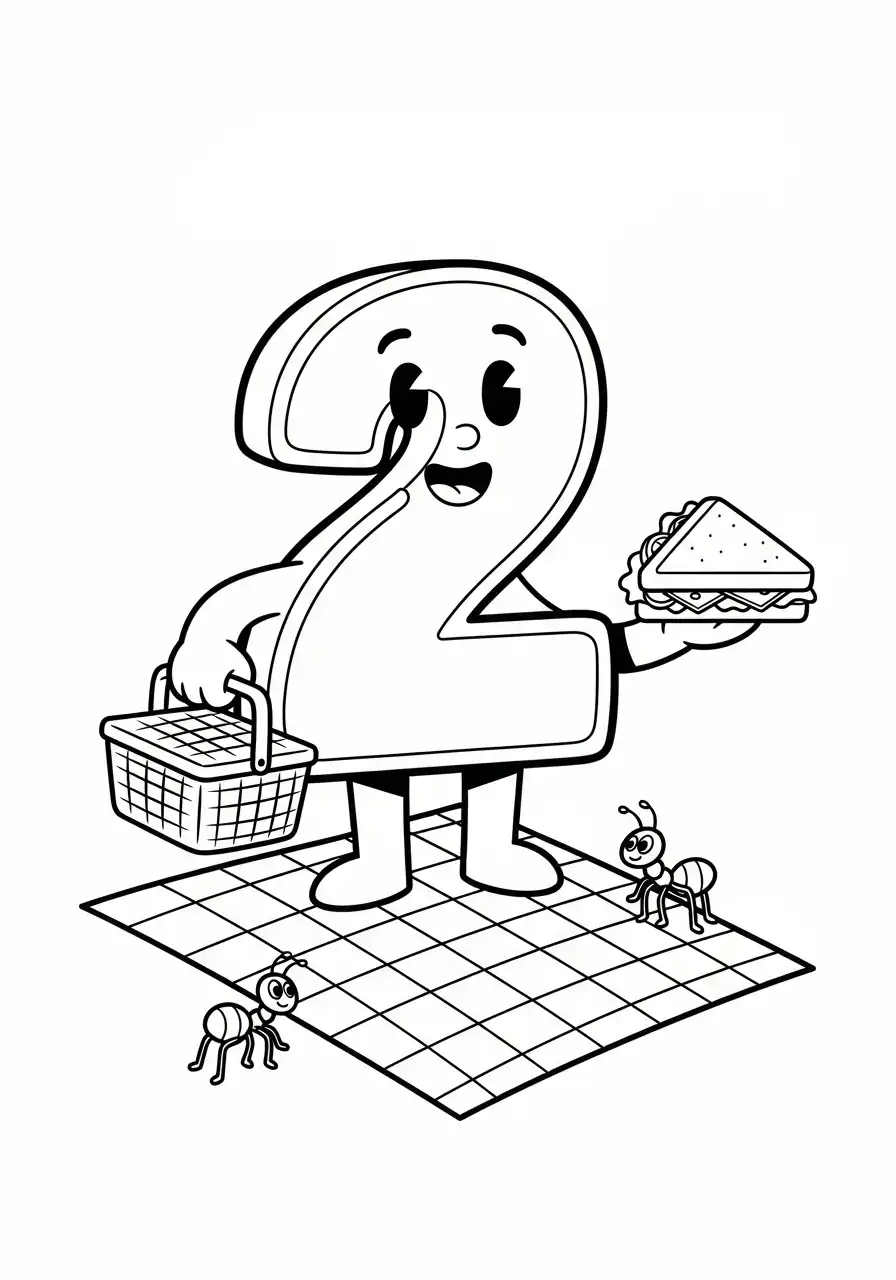 cijfer twee picknick met mier kleurplaat