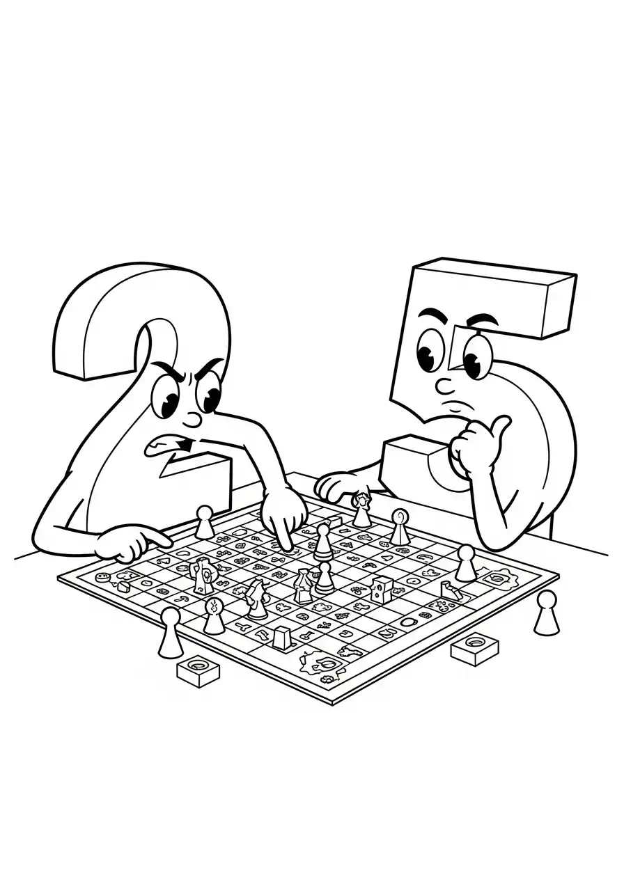 cijfer twee speelt bordspel met cijfer vijf kleurplaat