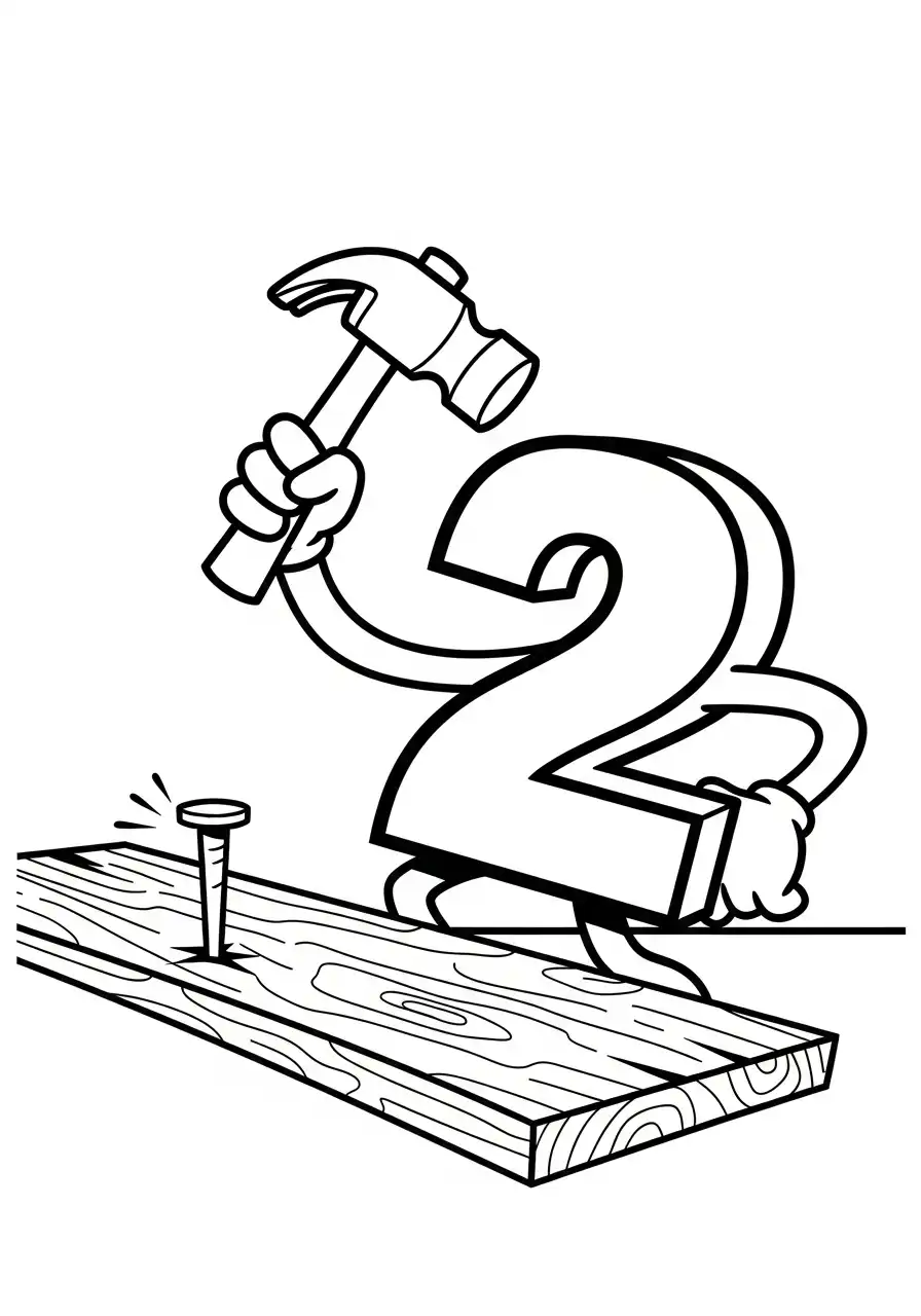 cijfer twee timmeren met hamer kleurplaat