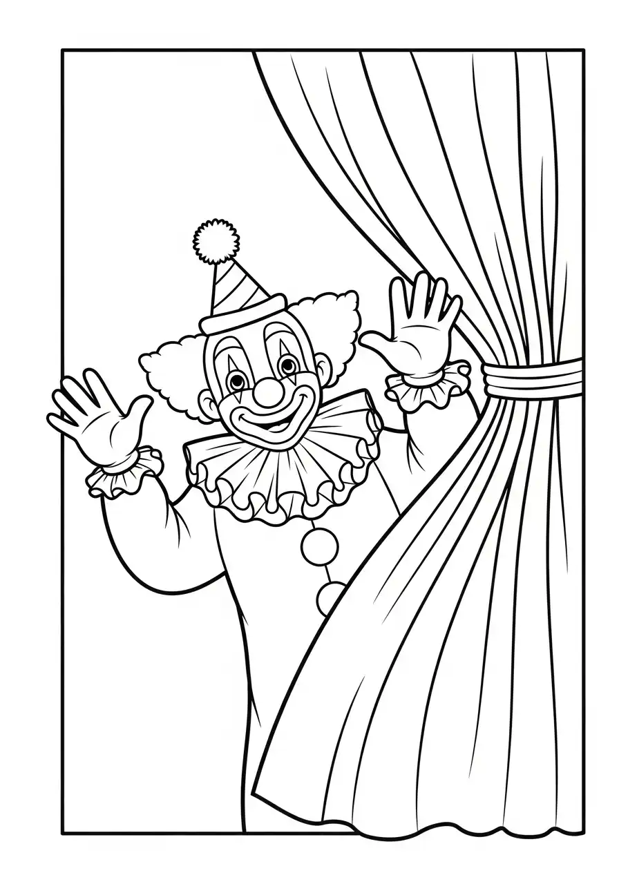 clown achter gordijn kleurplaat