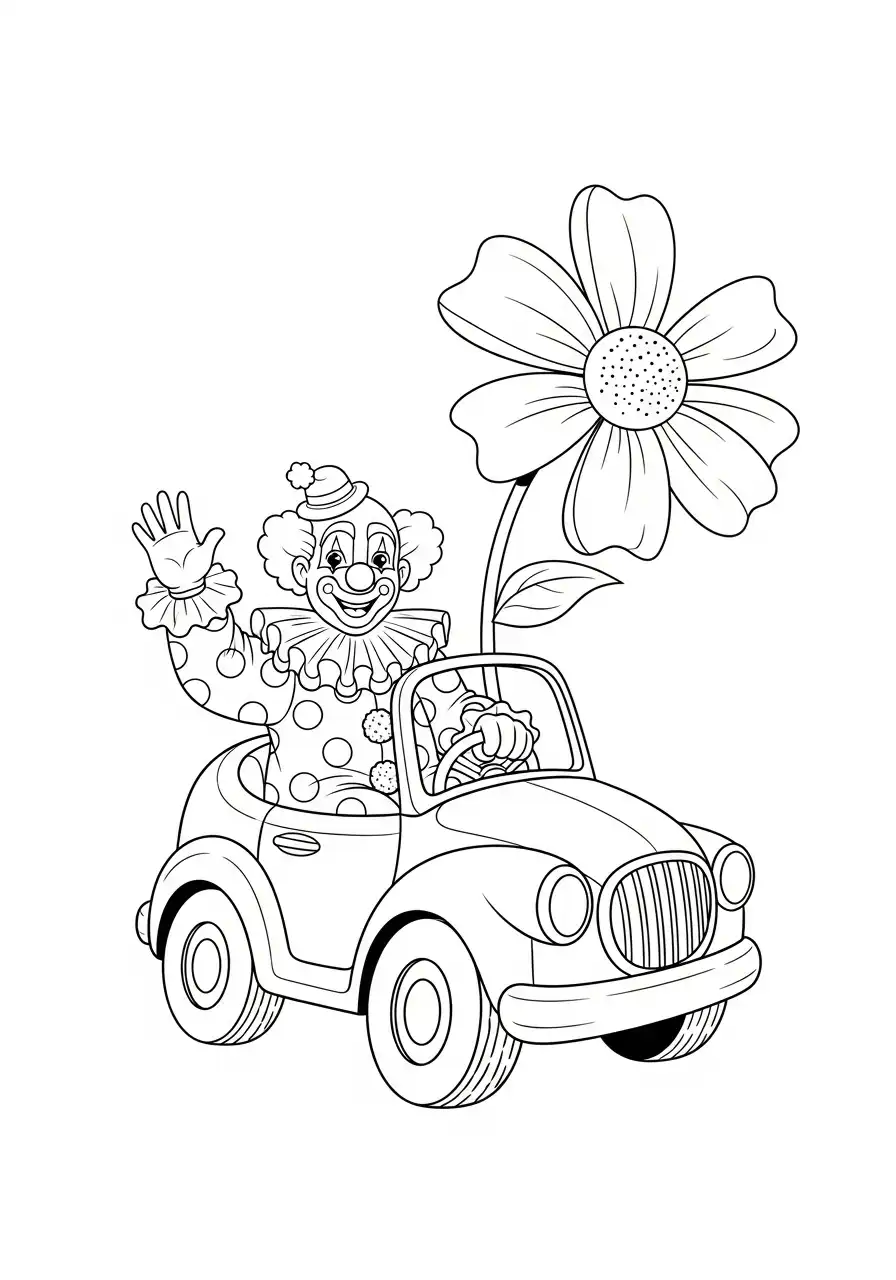 clown in auto met bloem kleurplaat