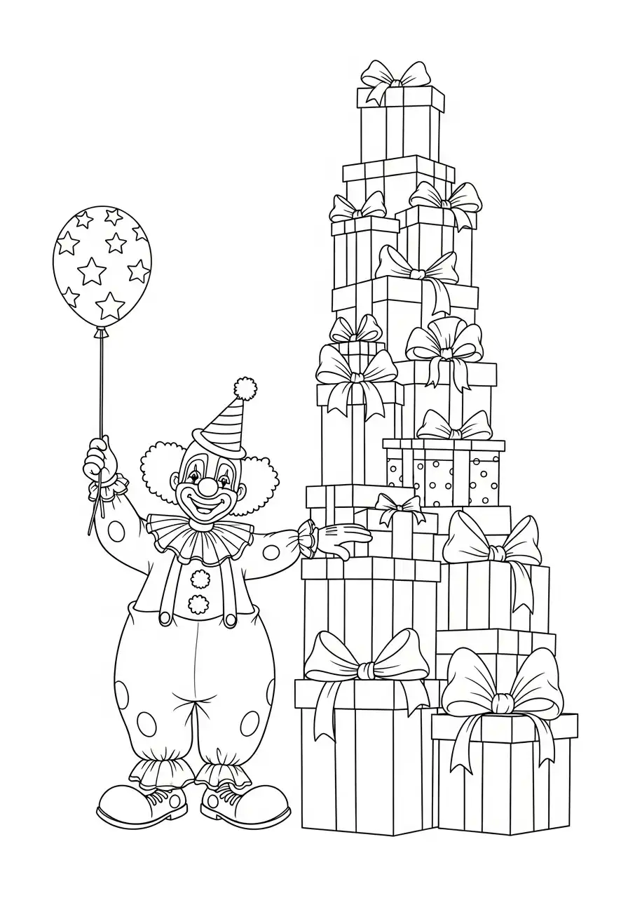 clown met cadeaustapel en ballon kleurplaat