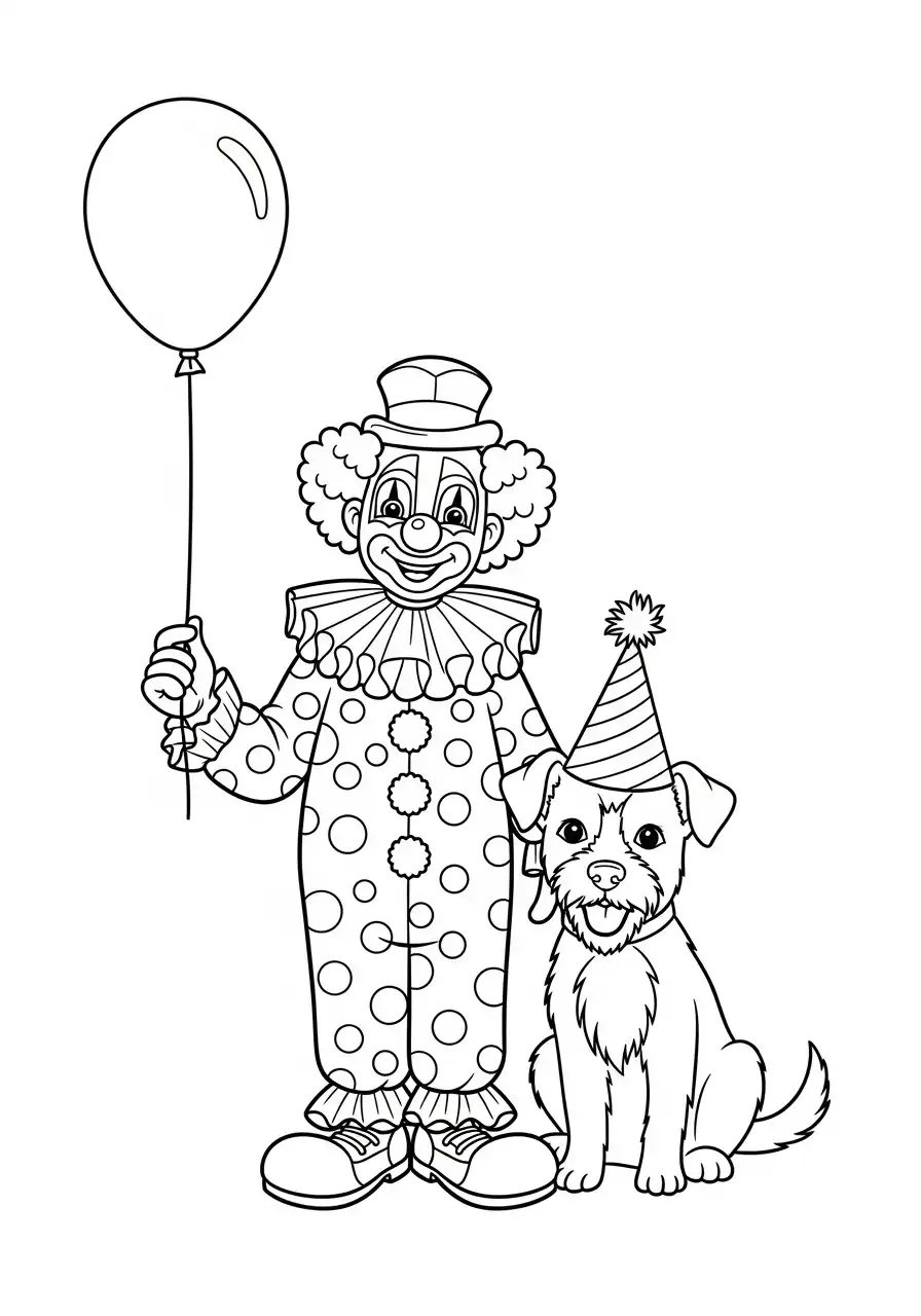 clown met hond en ballon kleurplaat