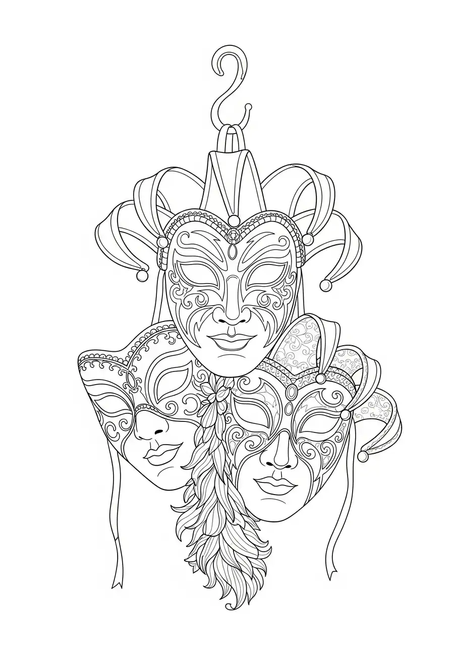 drie hangende venetiaanse maskers kleurplaat