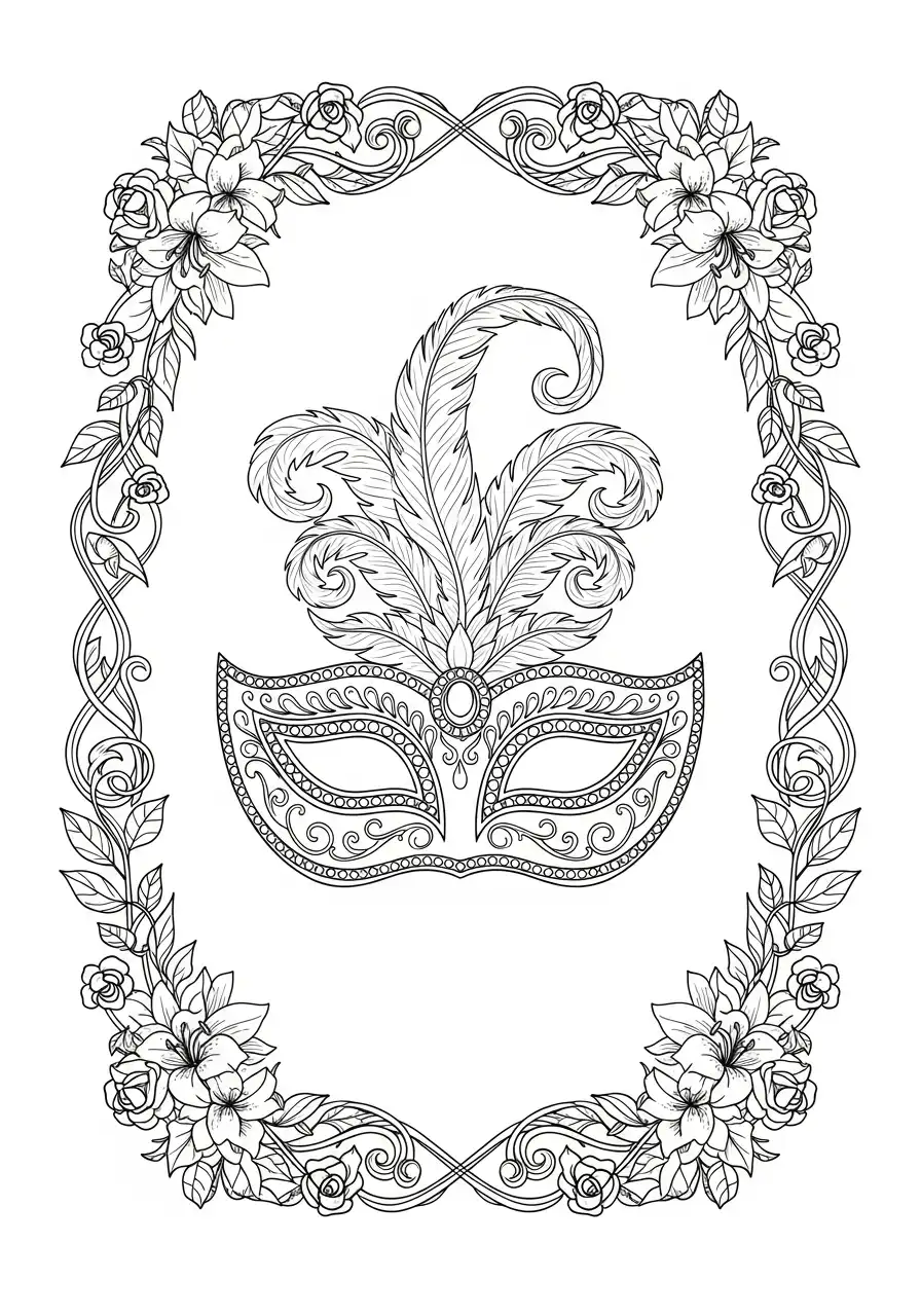 elegant carnavalmasker met bloemenrand kleurplaat