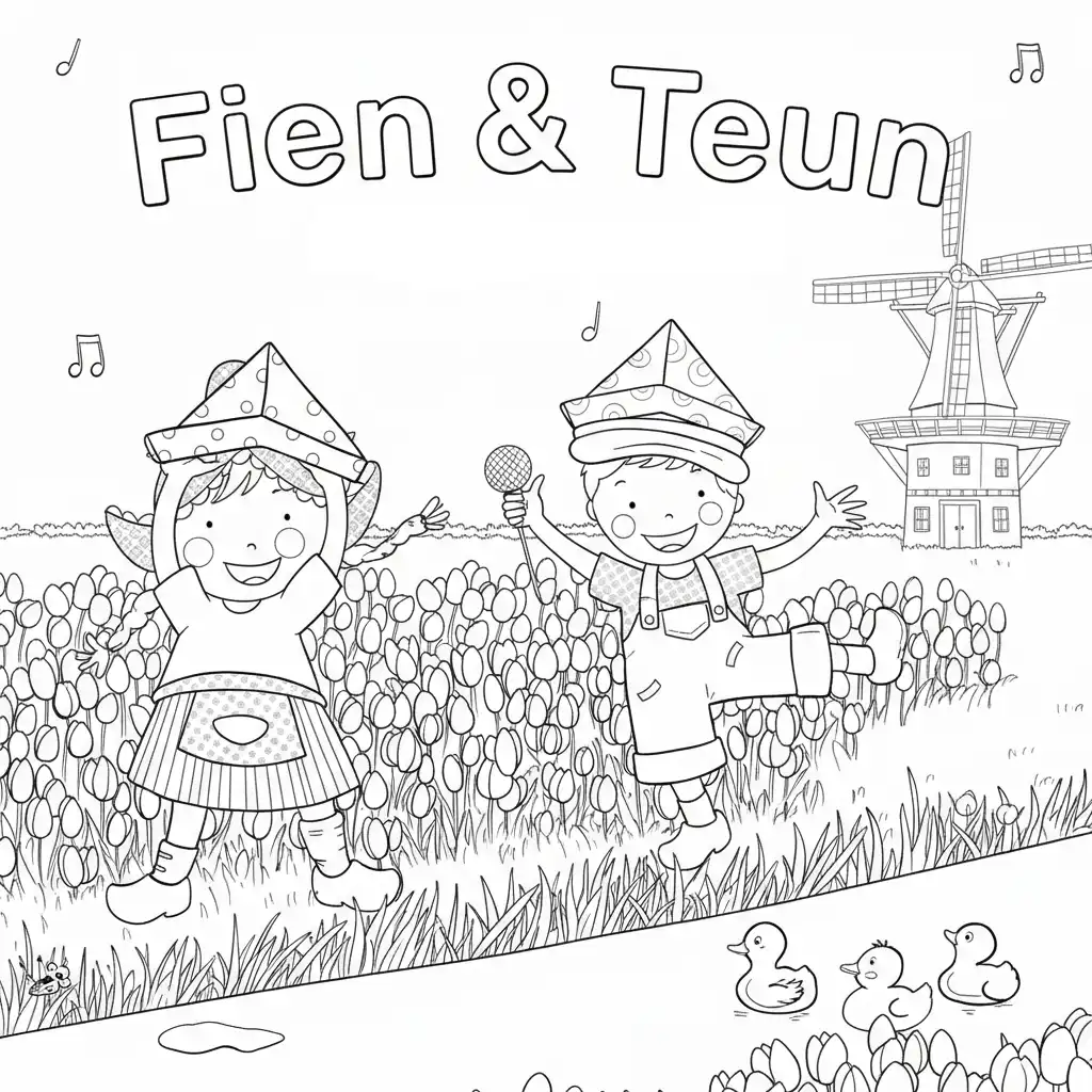 Fien en Teun Kleurplaat 22 fien en teun tulpenveld molen kleurplaat