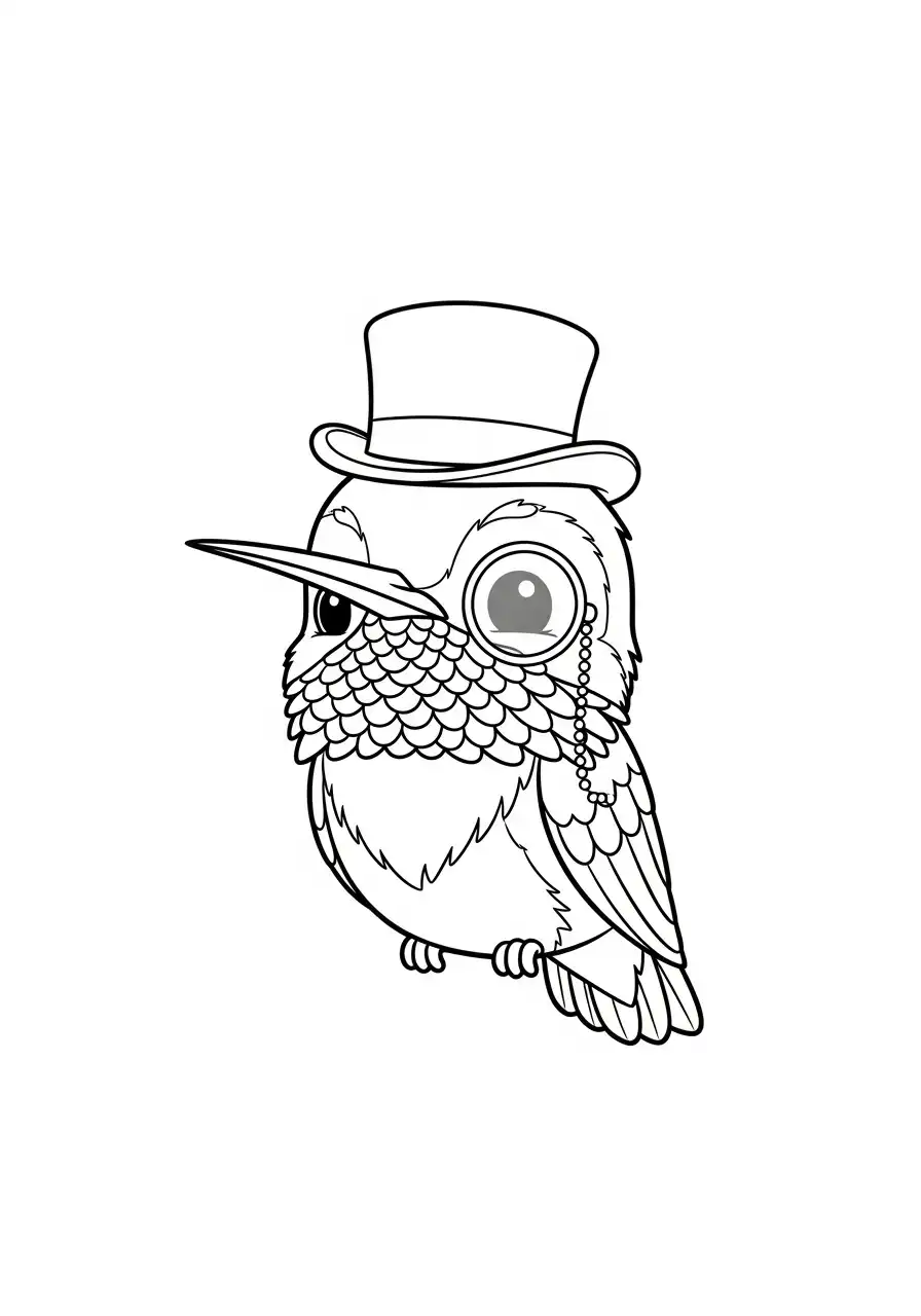 grappige kolibrie met hoge hoed en monokel kleurplaat