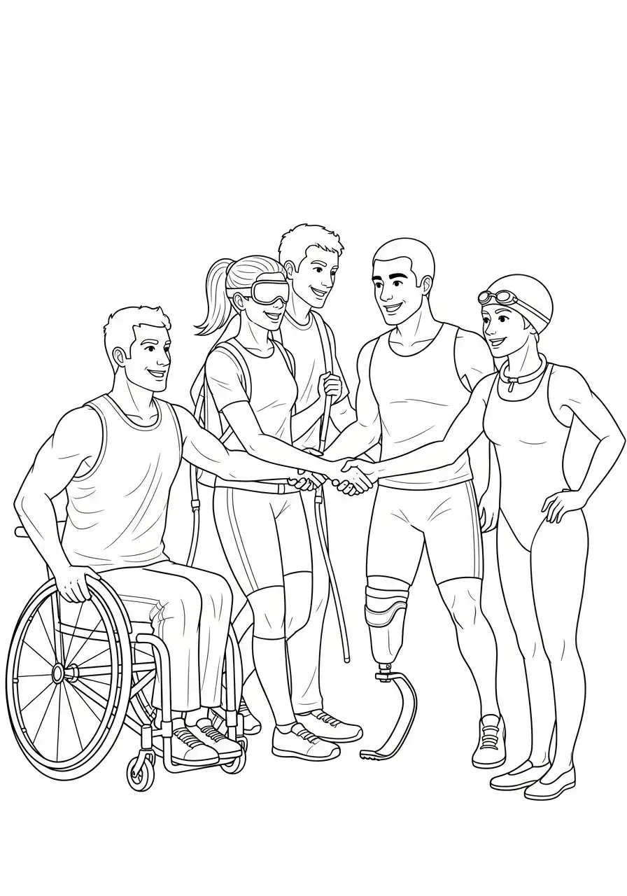groep paralympische atleten hand schudden kleurplaat