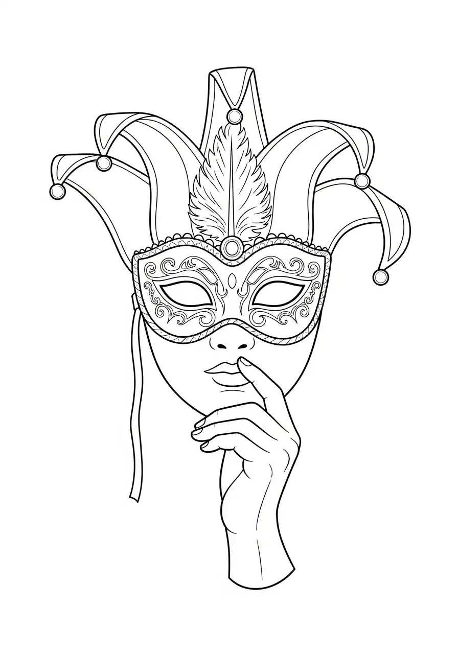 jester masker met stiltegebaar kleurplaat