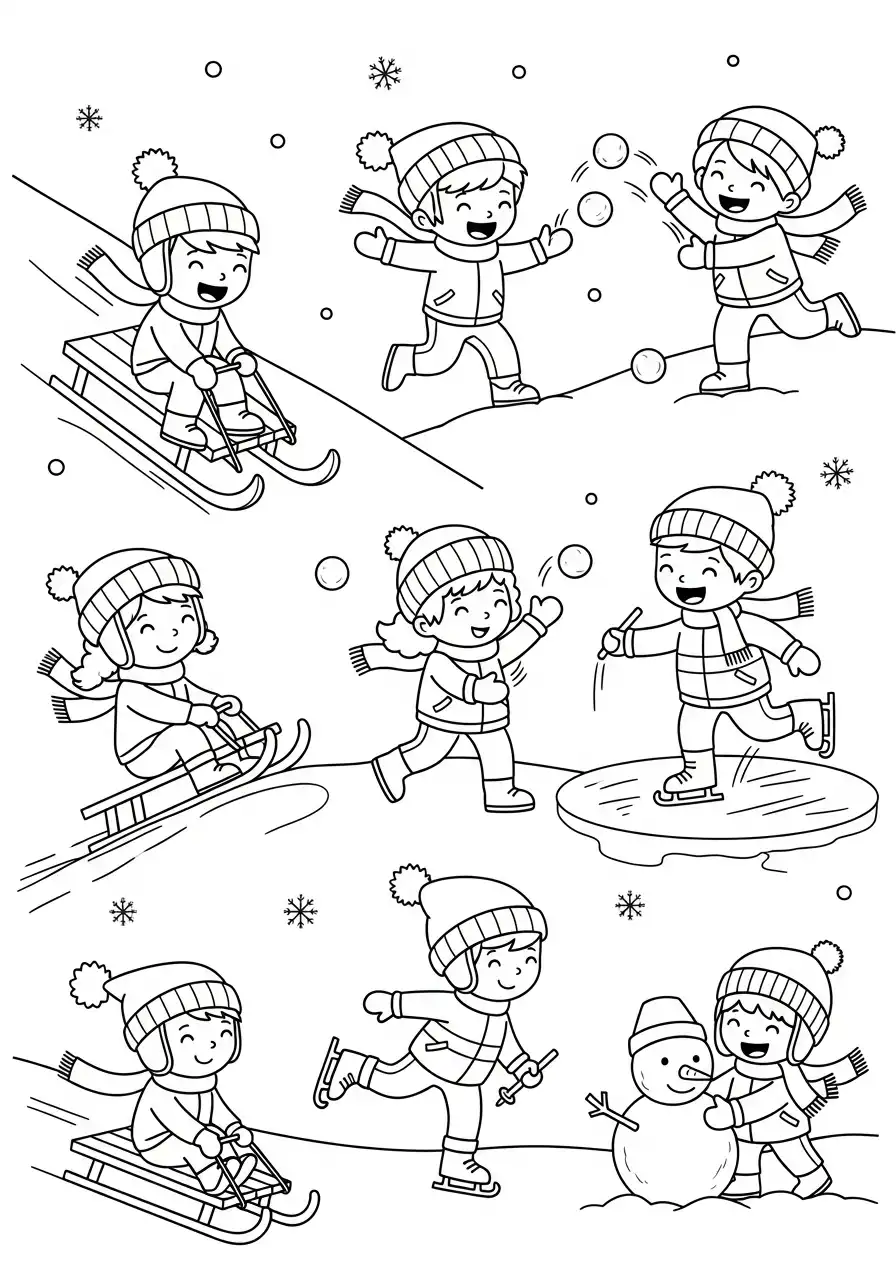 kinderen spelen in de sneeuw kleurplaat